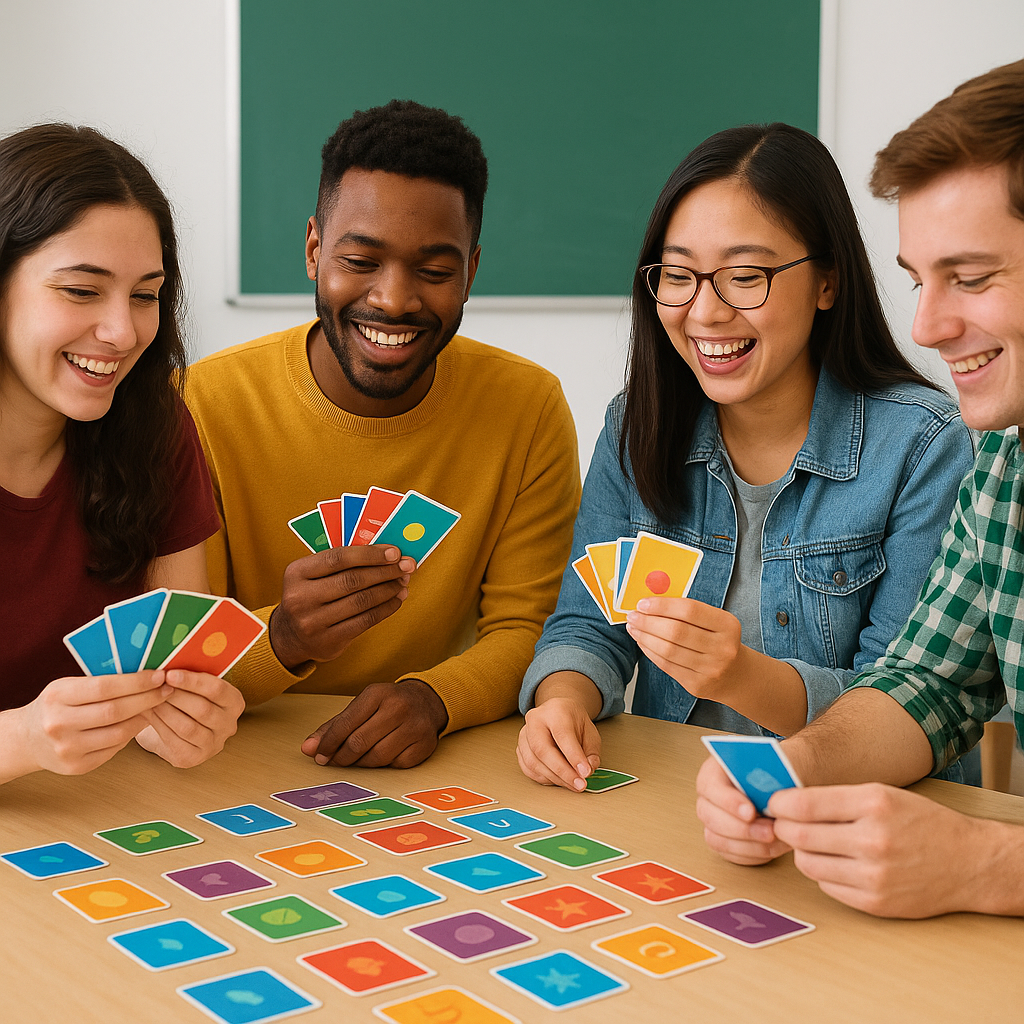 College students playing a card game. College students playing a card game.