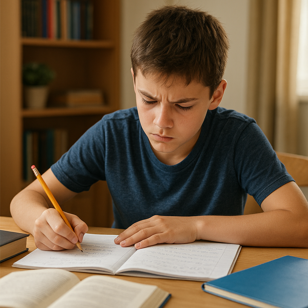Create an image of a student working hard at a desk doing homework. Create an image of a student working hard at a desk doing homework.