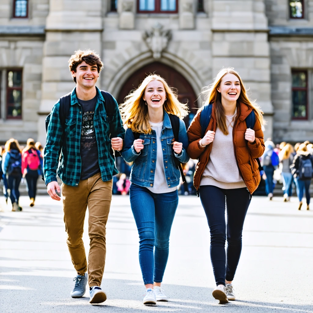 McGill University with three happy college students walking in front of the main building. McGill University with three happy college students walking in front of the main building.