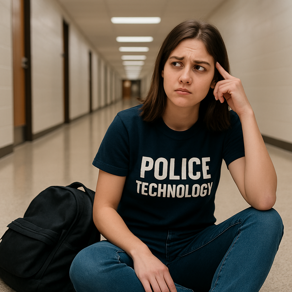 student sitting in a colllege hallway looking confused 