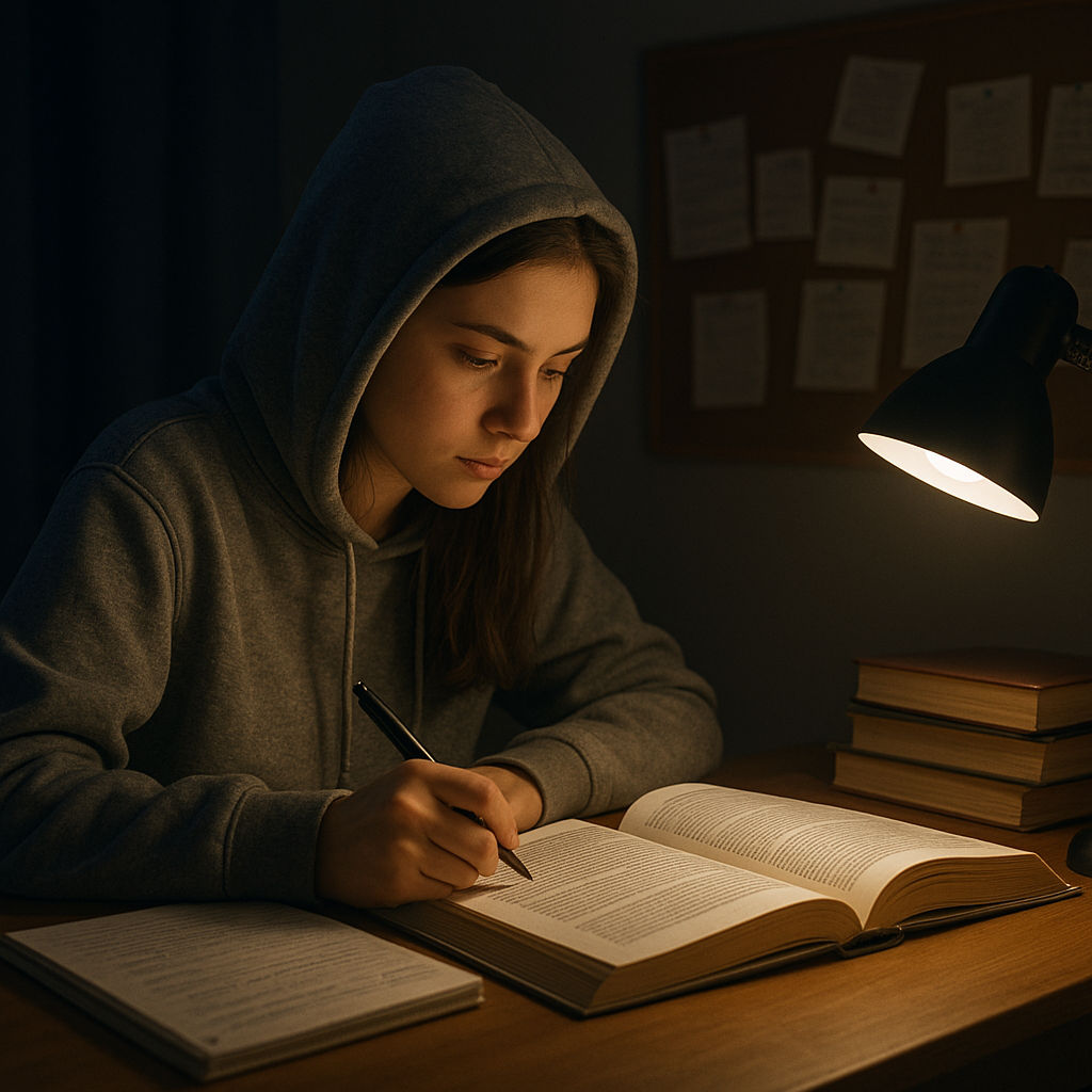 student working hard at night to sucess