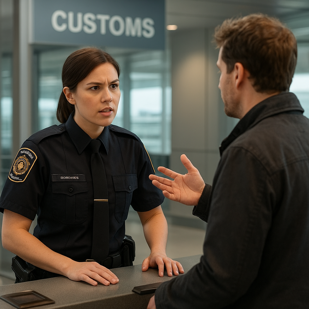 female border services officer with male passenger customs checkpoint