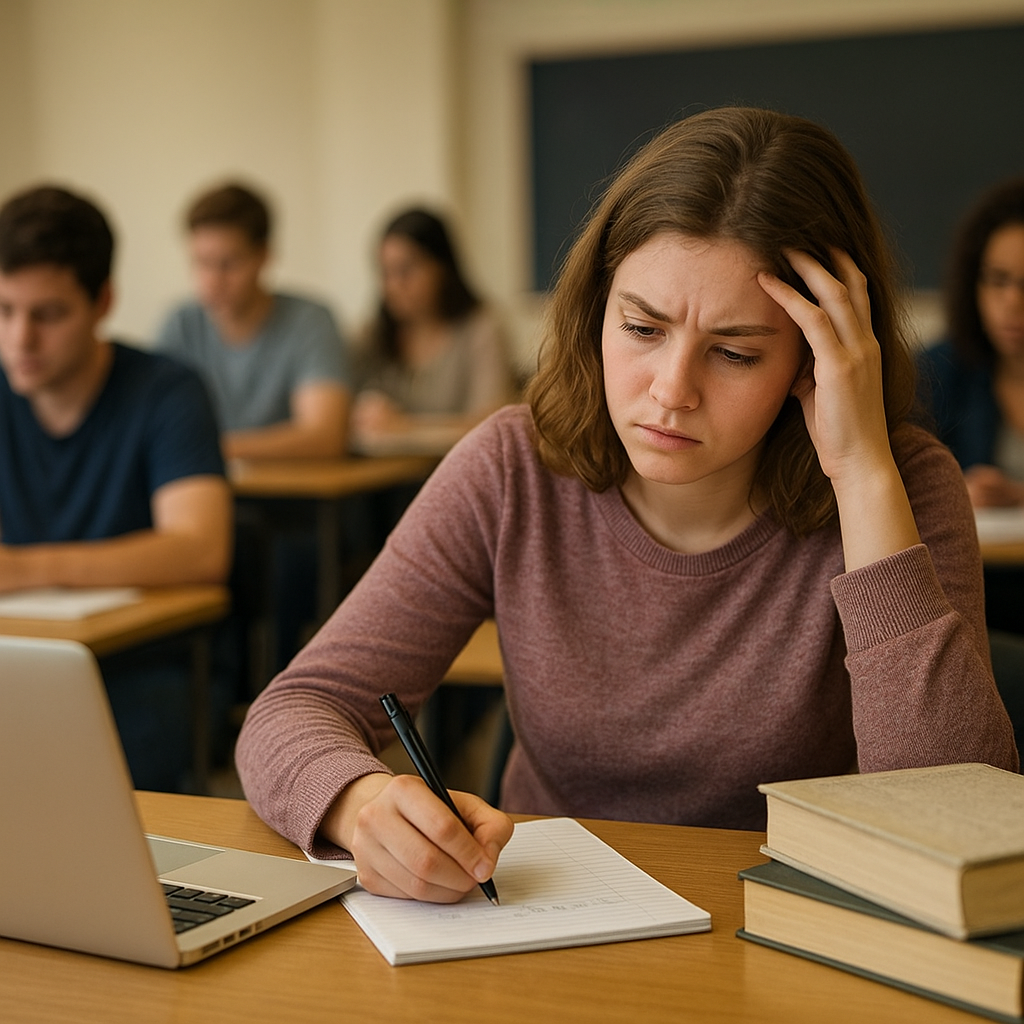 a college classroom with students taking notes and a young student looking focused but slightly stressed