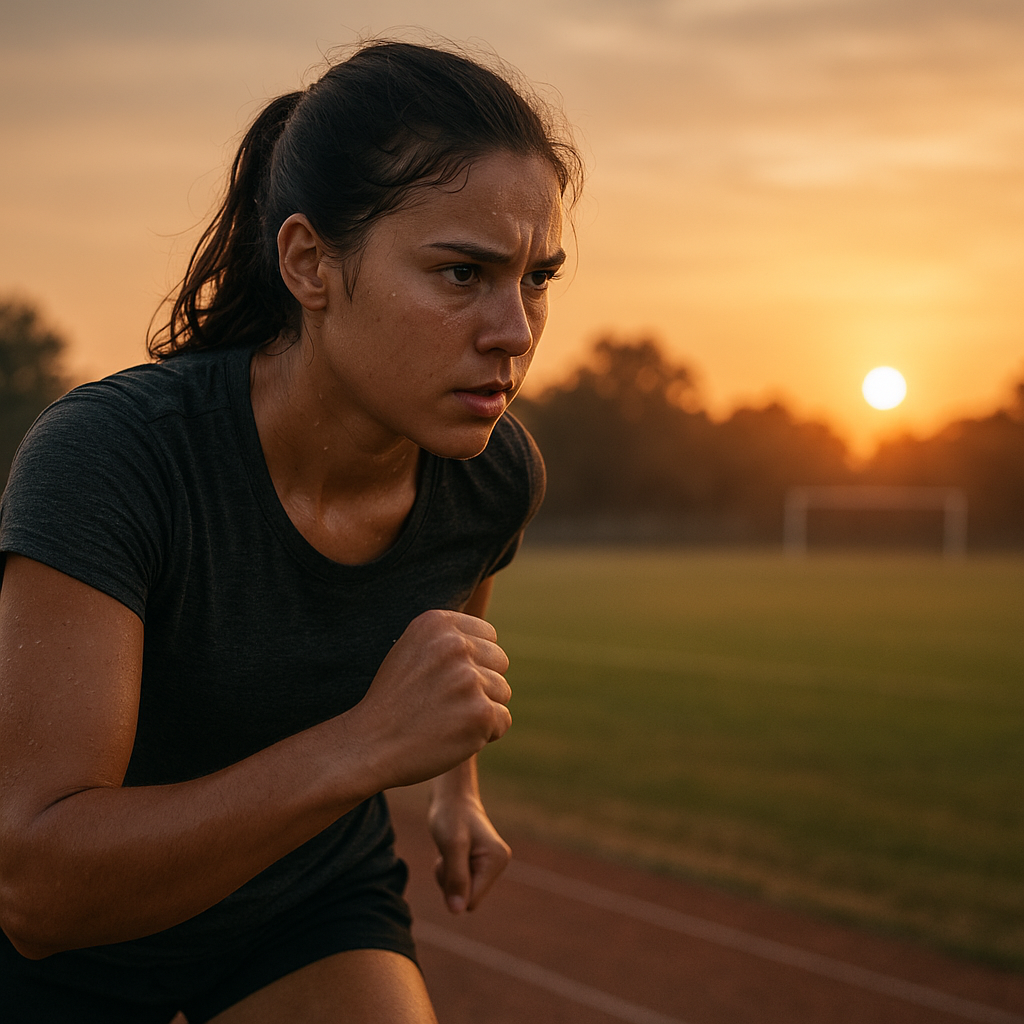 student determined , training outside at sunrise