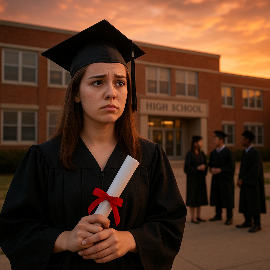 a high school girl graduate standing outside at sunset looking uncertain about the future a high school girl graduate standing outside at sunset looking uncertain about the future