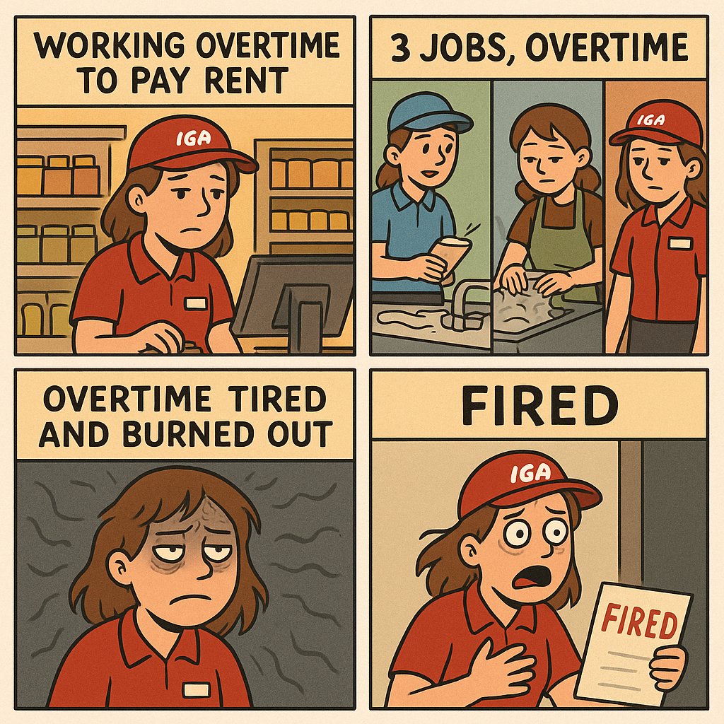 worker in IGA overtime tired, burned out and got fired from work