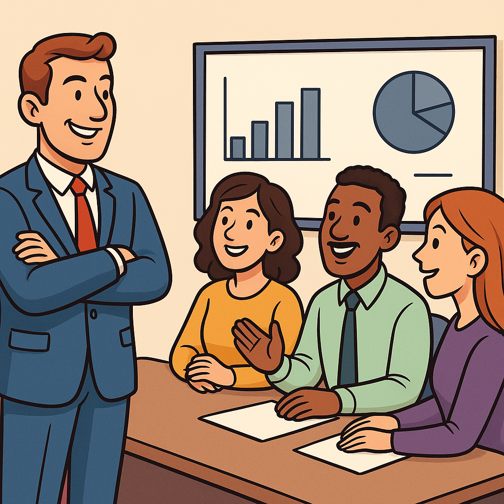 confident person team meeting