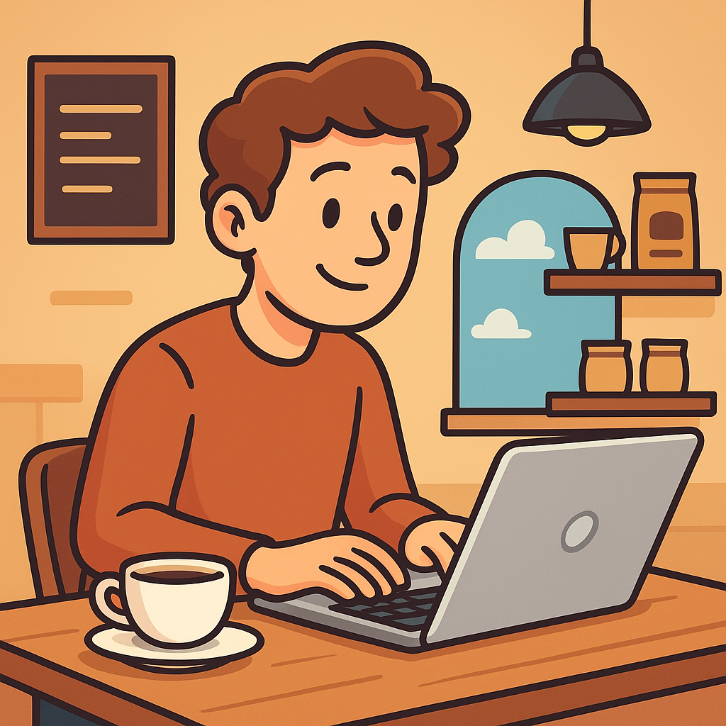 freelancer working coffee shop laptop