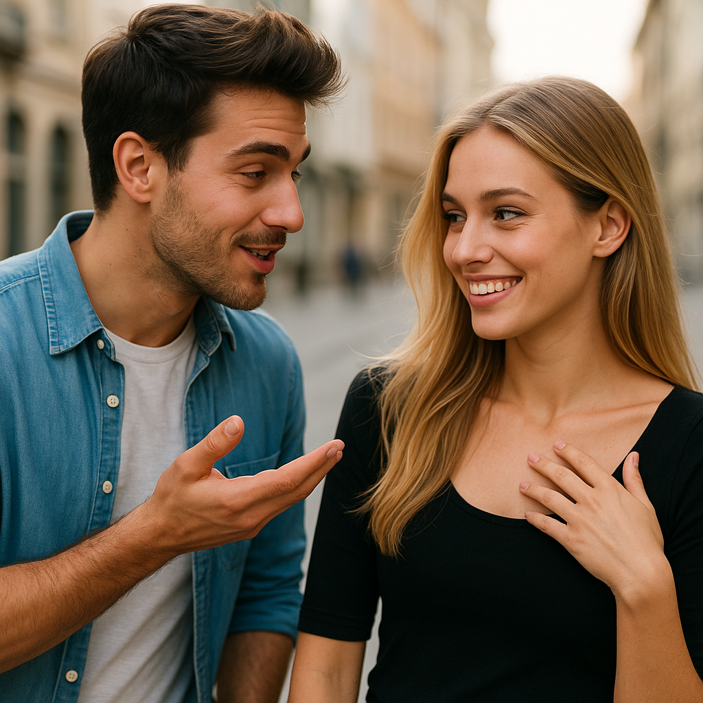A guy flirting with a girl.